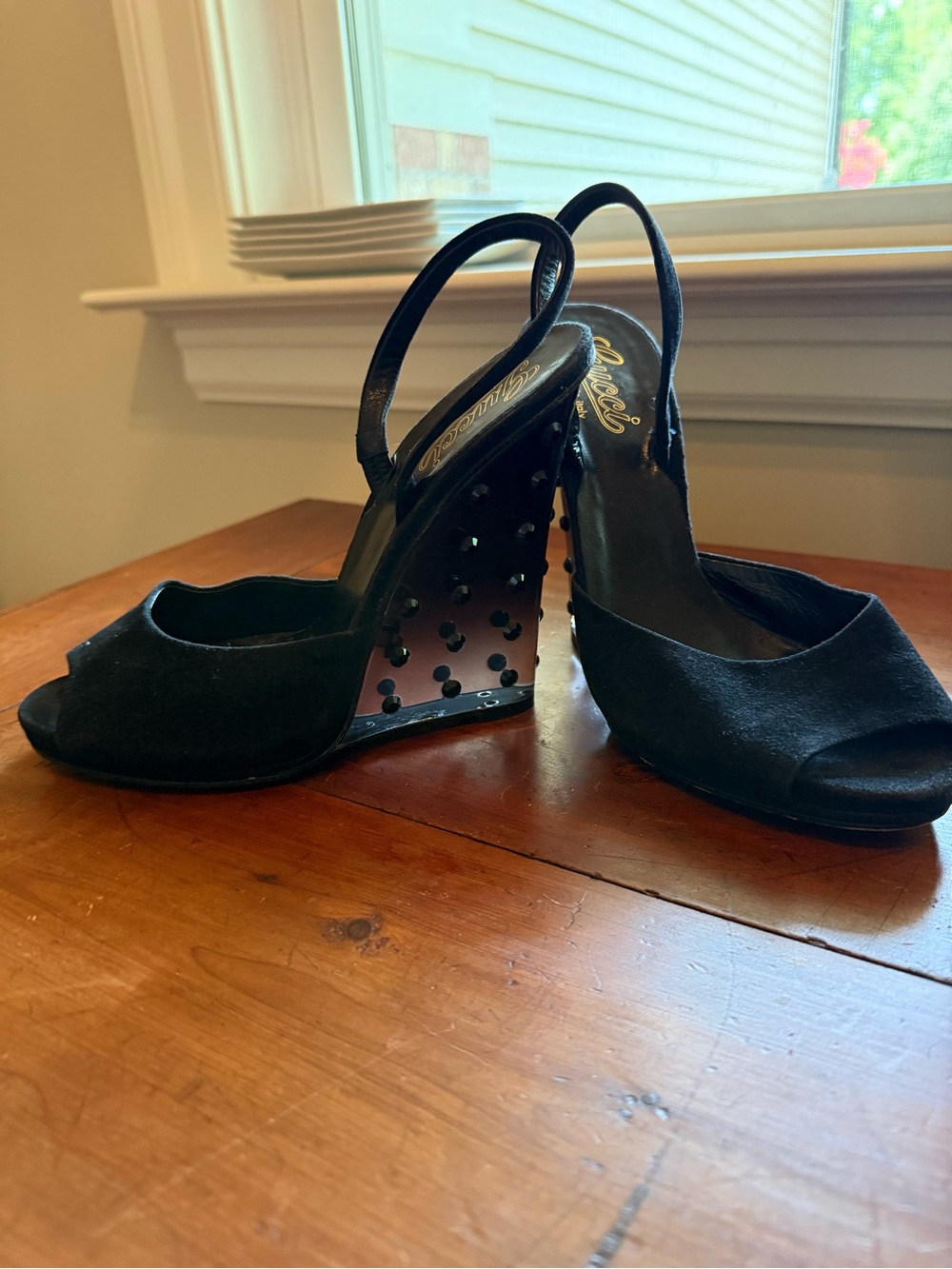 Vintage Gucci Suede and Lucite Studded Wedges